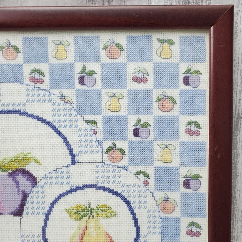 Cross-stitch Framed Art Place Setting and Bowl Of Fruit